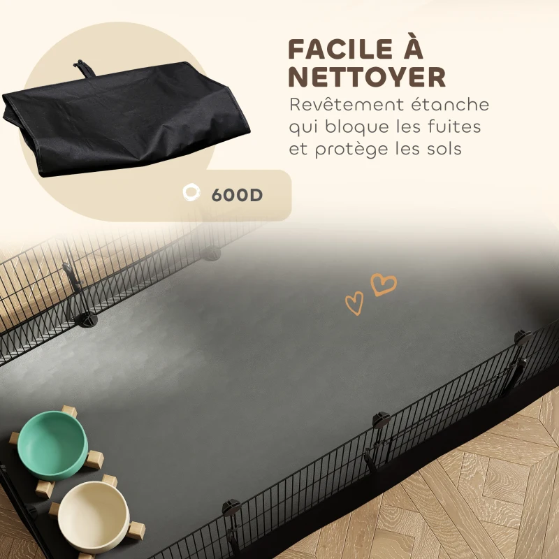 PawHut Enclos pour petits animaux, cage à lapin modulable 12 panneaux avec tapis étanche, en acier, 120 x 60 x 40 cm, noir