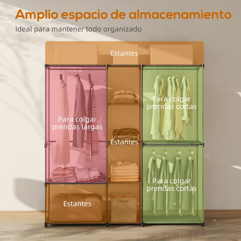 HOMCOM Armario de Ropa 182x43x185 cm Armario Abierto con 8 Estantes de Tela Barras para Colgar Marco de Metal Negro