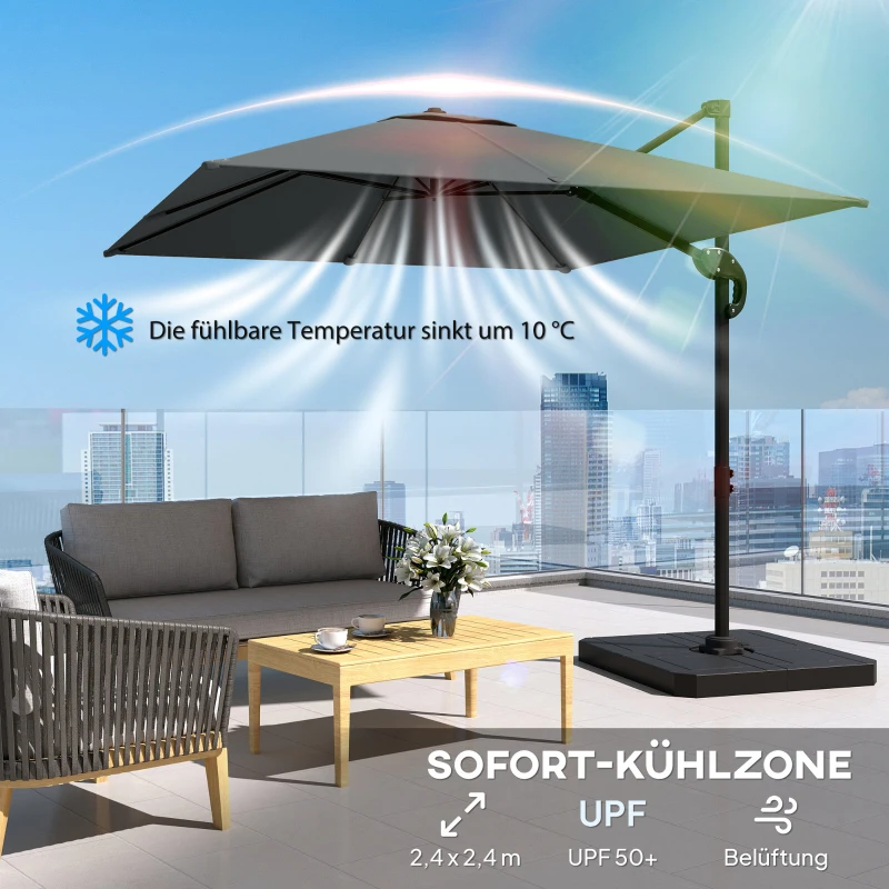 Outsunny Alu Ampelschirm  Ø244cm Sonnenschirm mit Kurbel Ständer Wasserabweisend 360° drehbar Dunkelgrau