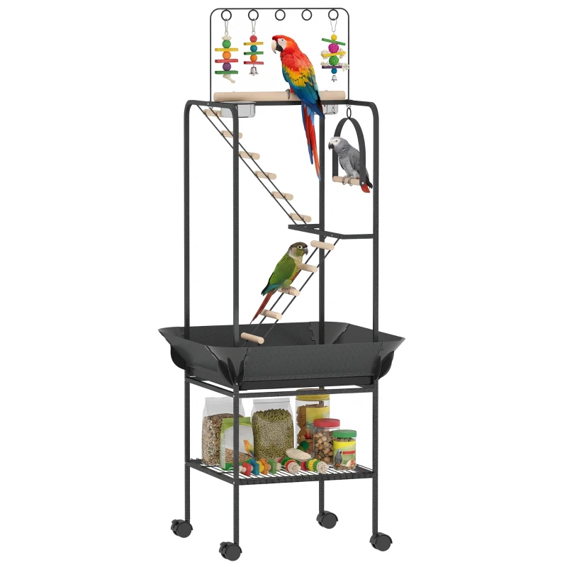 PawHut Parc de Joacă pentru Păsări cu Roți Scări Leagăn Protecție pentru Semințe Tavă Hrănitoare Bățuri 63x63x163 cm