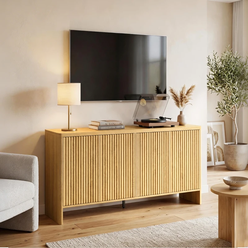 HOMCOM Buffet soggiorno con 4 ante scanalate e ripiano regolabile, 147x40x77 cm, Rovere