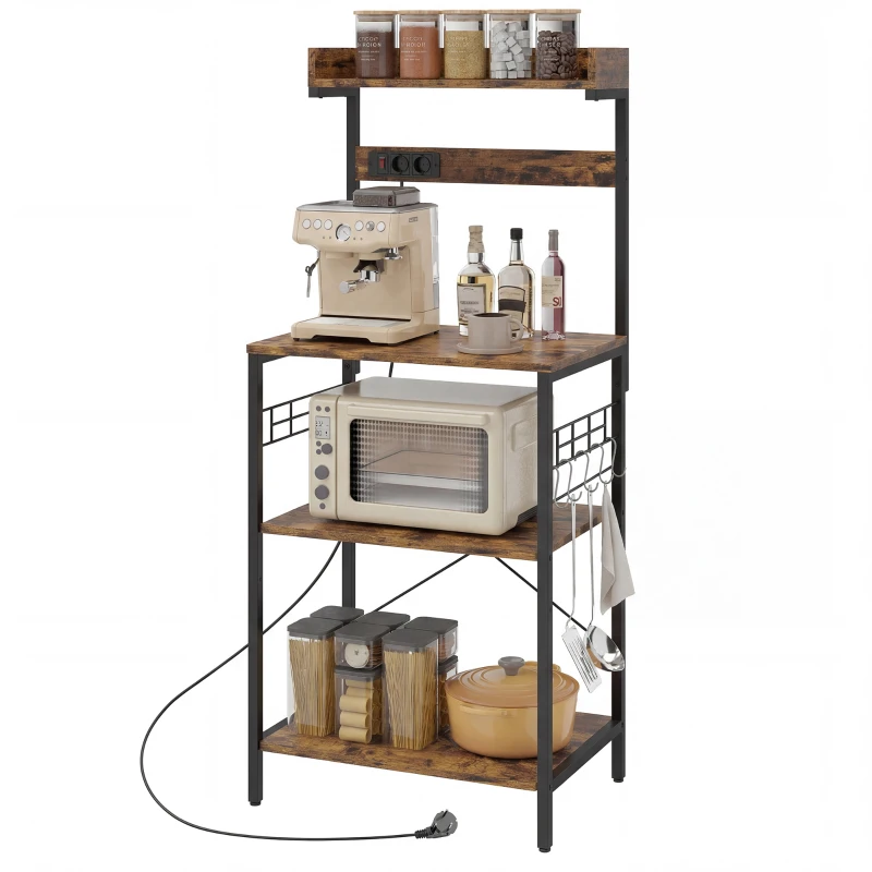 HOMCOM Estante de Cozinha com 2 Tomadas Prateleira para Micro-ondas Prateleira Ajustável Ganchos 60x42x137 cm Castanho Rústico