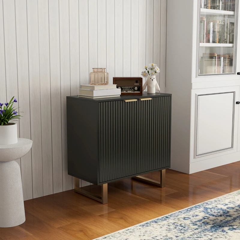 HOMCOM Buffet salon meuble de rangement style moderne avec placard à 2 portes cannelées, étagère réglable, pieds en métal, noir