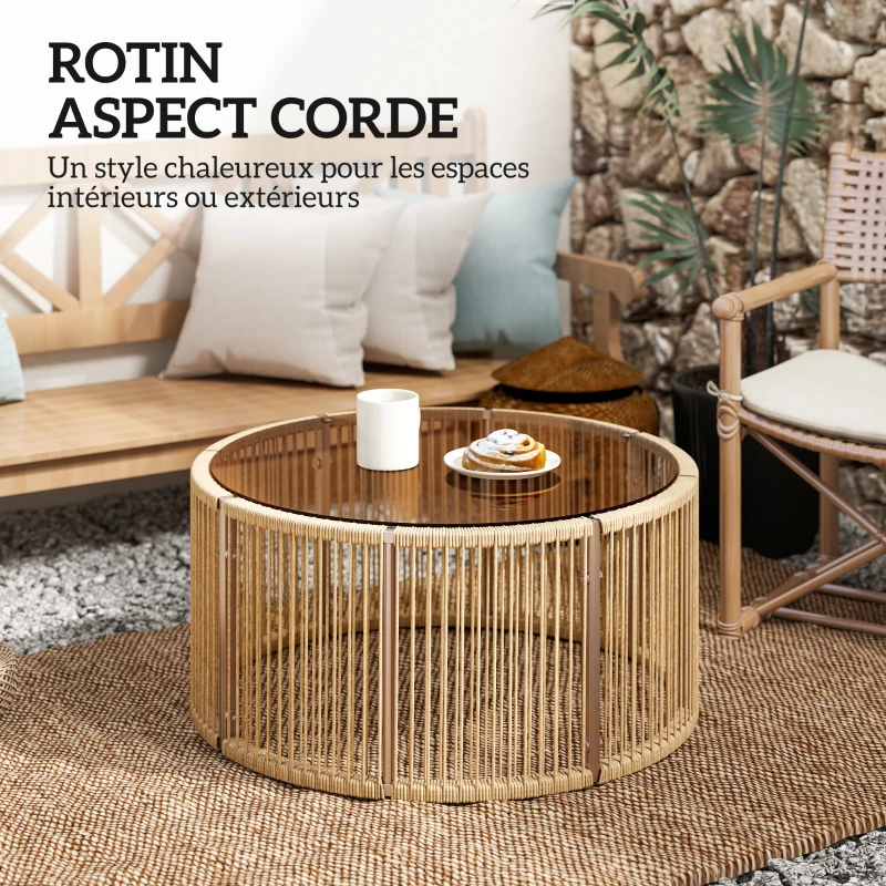 Outsunny Table Basse de Jardin Ronde en Résine Tressée, Plateau en Verre Trempé et Cadre en Acier Galvanisé, 70x70x33cm, Marron