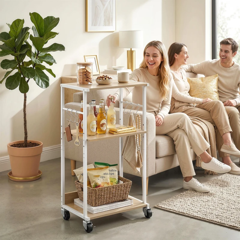 HOMCOM Suporte para Impressora de 3 Níveis com Rodas, Móvel com Ganchos e Estrutura Metálica 43x30x82 cm Madeira