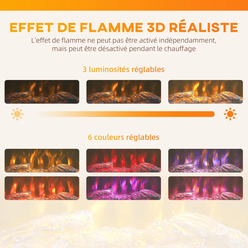 HOMCOM Cheminée électrique 1000W/2000W, fausse cheminée effet flamme 3D à 6 couleurs et 3 luminosités, 68,5x27,5x63cm, marron