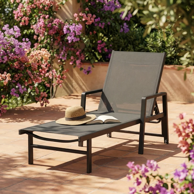 Outsunny Chaise Longue Jardin en Textilène et Aluminium, Réglable à 4 Positions avec Roues et Accoudoirs, 65x189x80cm, Gris Foncé