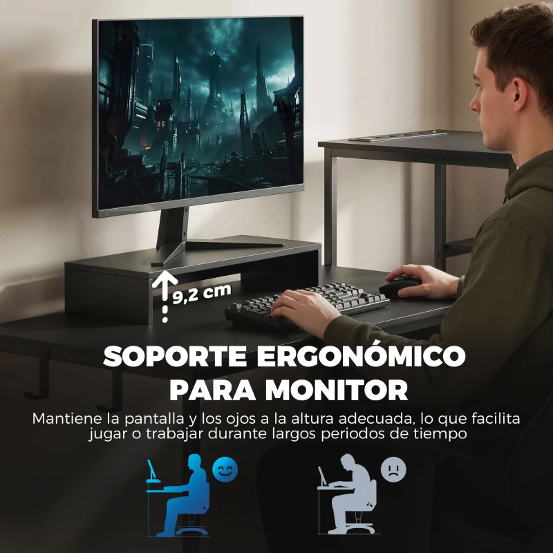 HOMCOM Mesa Gaming Doble de 244 cm con Estación de Carga Puertos USB Soportes para Monitor Cajones de Tela Negro