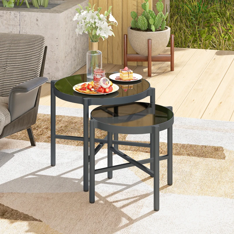Outsunny Lot de 2 tables basse gigogne de jardin tables basses de jardin avec plateau en verre trempé, cadre en aluminium noir