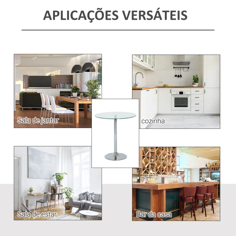 HOMCOM Mesa de Jantar Redonda para 2 Pessoas Mesa de Cozinha Moderna com Superfície de Vidro Temperado para Sala de Estar, Prateada