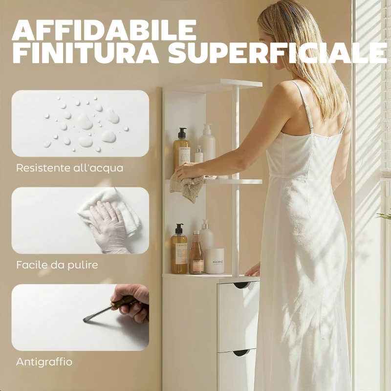HOMCOM Colonna Bagno con Armadietto, Ripiani e Cassetti, in Legno, 15x33x136.8 cm, Bianco