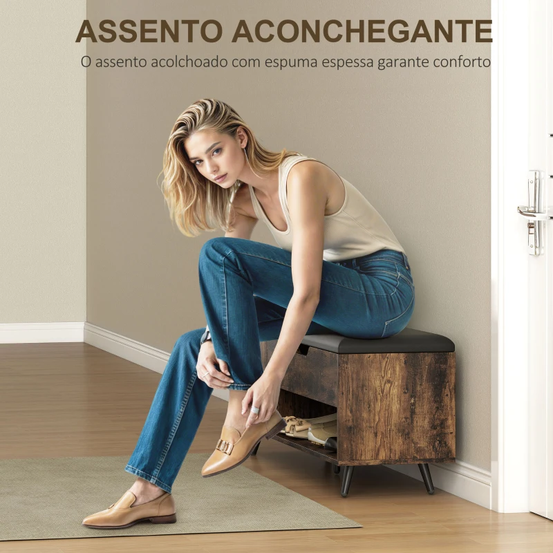 HOMCOM Banco Sapateira com Assento Acolchoado Compartimento Oculto para 3 Pares de Sapatos 127x35x59 cm Castanho Rústico