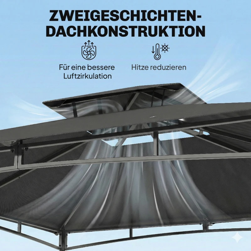 Outsunny Pavillon 3x3m Wasserabweisend Stabil Winterfest Gartenpavillon mit zurückziehbar Obenrahmen Doppeldach Dunkelgrau