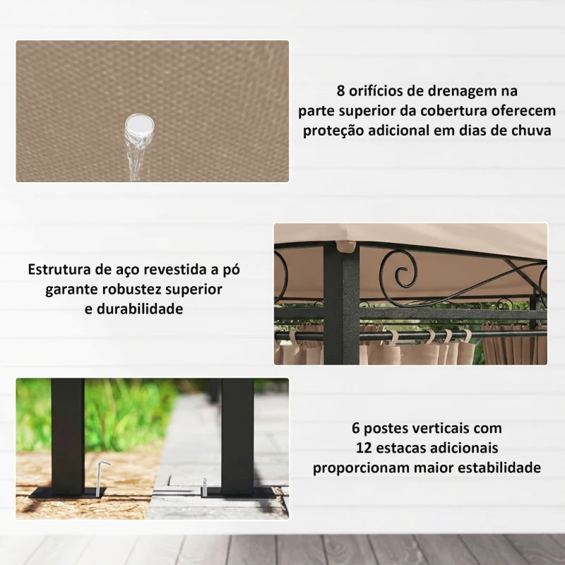 Outsunny Pérgola para Jardim 3x4 m Pérgola de Exterior com Telhado Duplo 6 Paredes Laterais Estrutura Metálica Caqui