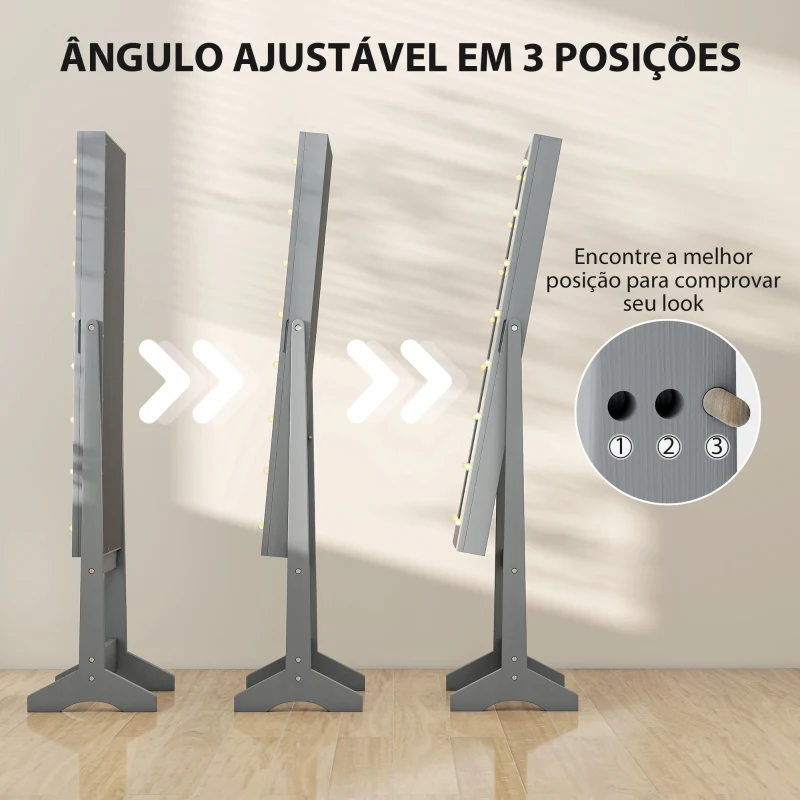 HOMCOM Espelho Joalheiro com Luzes LED Armário para Joias com Ângulo Ajustável  Prateleiras Ranuras para Anéis 36x30x136 cm Cinzento