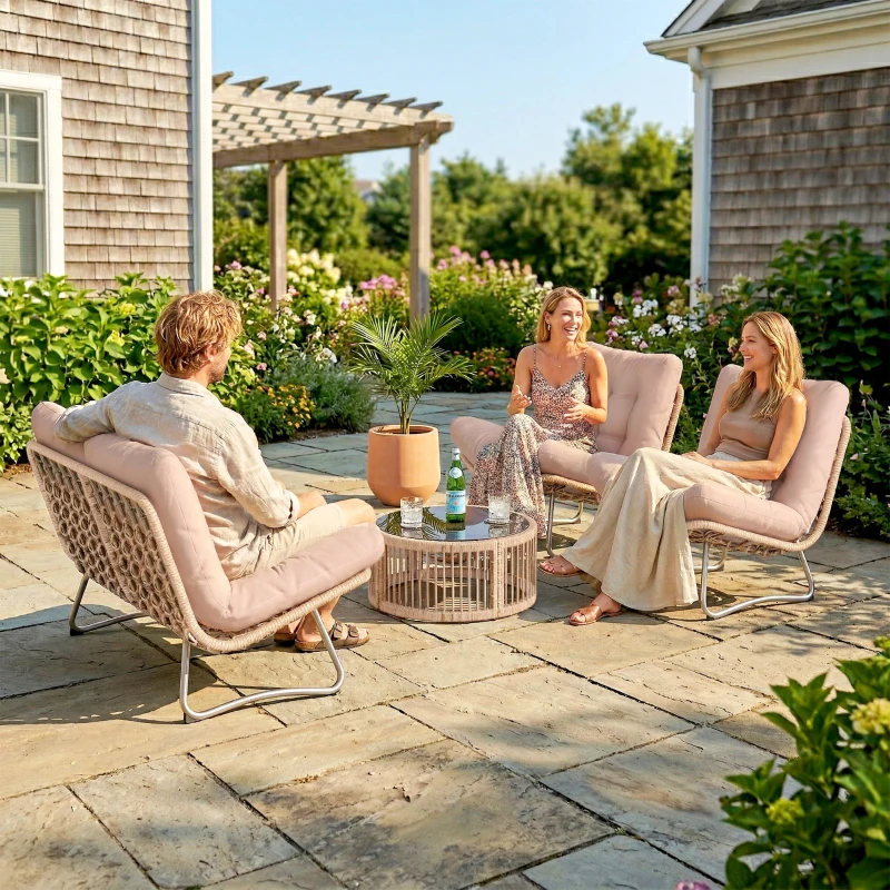 Outsunny Set de muebles de jardín 4 piezas Poliratán Lounge con sofá 2 plazas, 2 sillones, mesa de cristal, asiento ancho y profundo, cojines gruesos