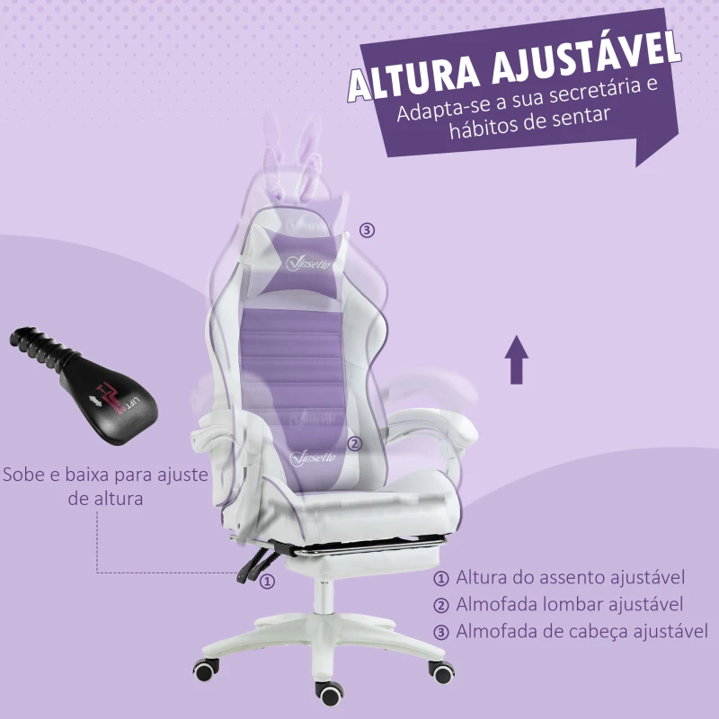 Vinsetto Cadeira Gaming Giratória de Couro PU com Altura Ajustável Inclinável 135° Apoio para a Cabeça 65x63x136-142 cm Branco e Roxo