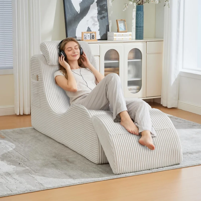 Moderner Freizeit-Sessel mit ergonomischer Rückenlehne, abnehmbarem Sitzkissen und Seitentasche, 160 x 66 x 90 cm, Beige