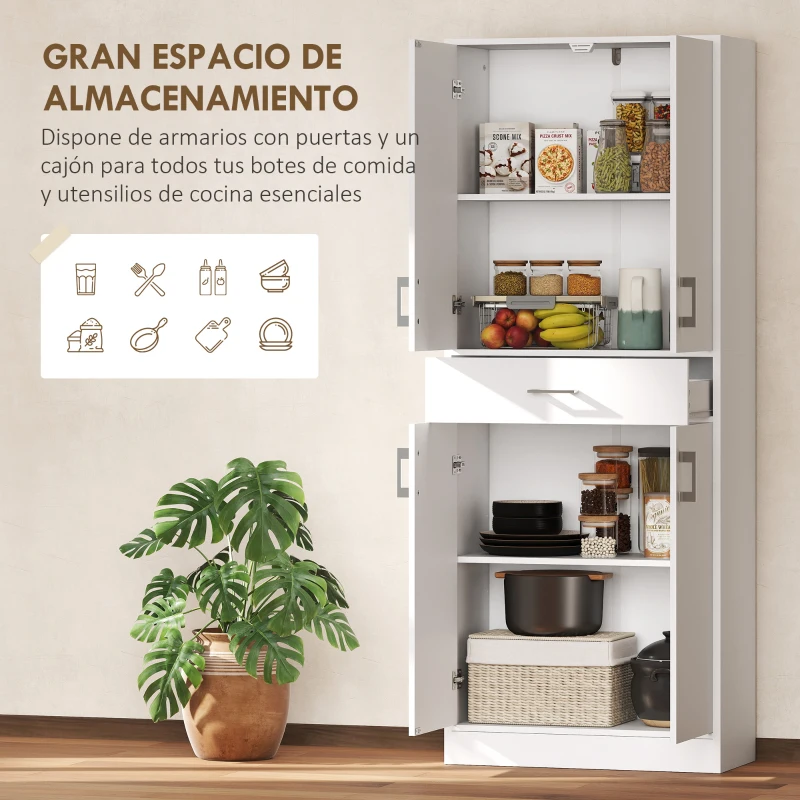 HOMCOM Alacena de Cocina con 4 Puertas 1 Cajón y Estantes Ajustables Antivuelco para Comedor Salón 70,8x34x180cm Blanco y Plata