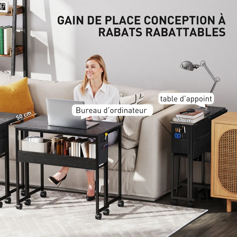 HOMCOM Bureau pliable sur roulettes 80 x 50 cm avec étagère et sac de rangement, noir