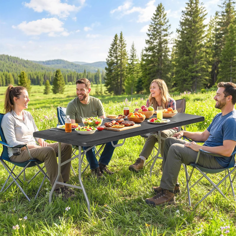 Outsunny Table pliante en HDPE table de camping pliante extérieur avec poignée couvre-pieds antidérapants 180 x 74 x 74 cm, noir