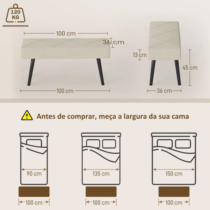 HOMCOM Banco de Pé de Cama Multifuncional e Moderno Banco de Dormitório com Pés de Aço e Assento Acolchoado 100x36x45 cm Creme
