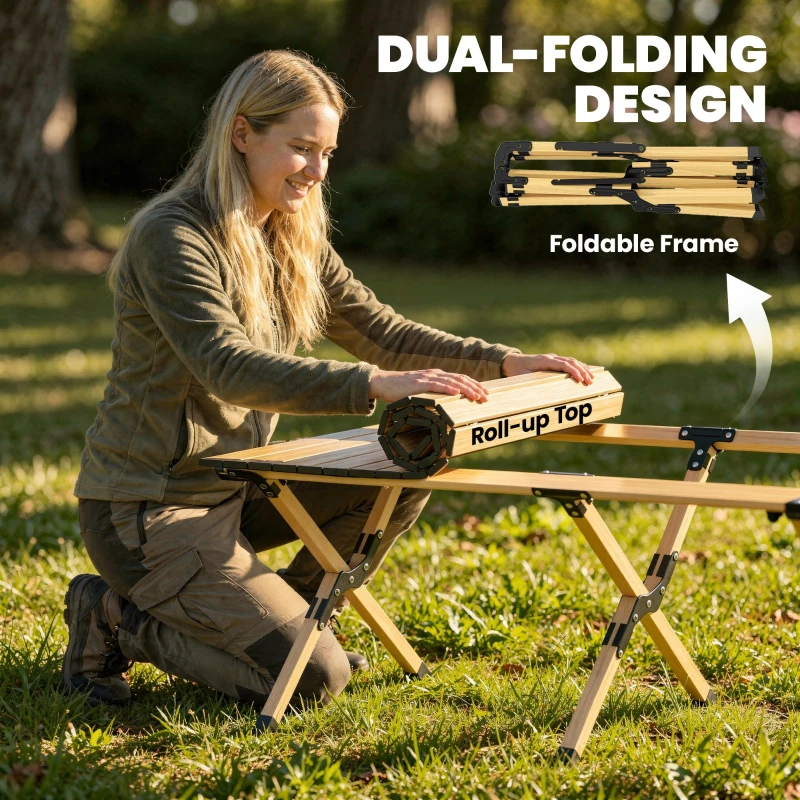 Outsunny Campingtisch 117 x 60 cm Aluminium Klapptisch mit Aufrollbare Tischplatte Holz-Optik Tragetasche wasserdicht