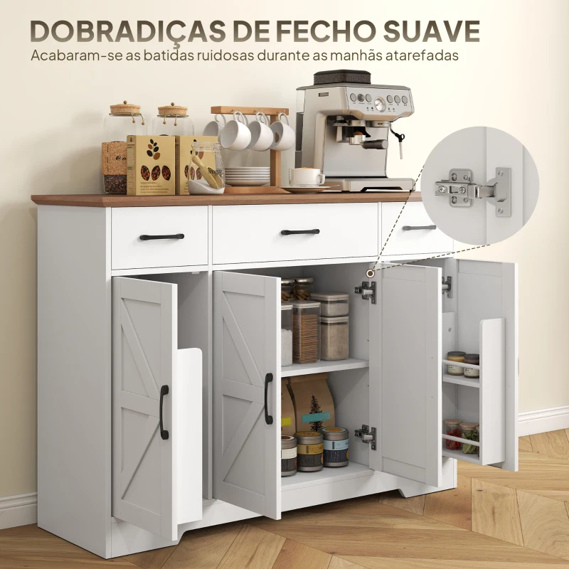HOMCOM Aparador de Cozinha Rústico 4 Prateleiras de Porta Prateleiras Ajustáveis 3 Gavetas 120x38x87 cm Branco e Nogueira