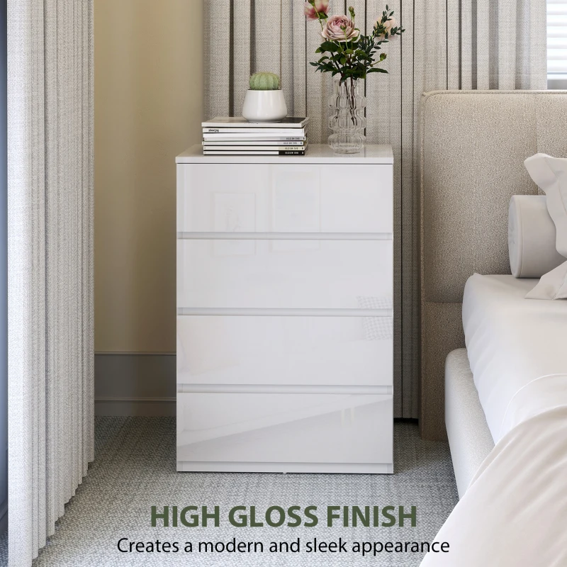 HOMCOM High Gloss Chest of Drawers, 4-Drawer Storage Cabinets, Modern Dresser for Bedroom, White