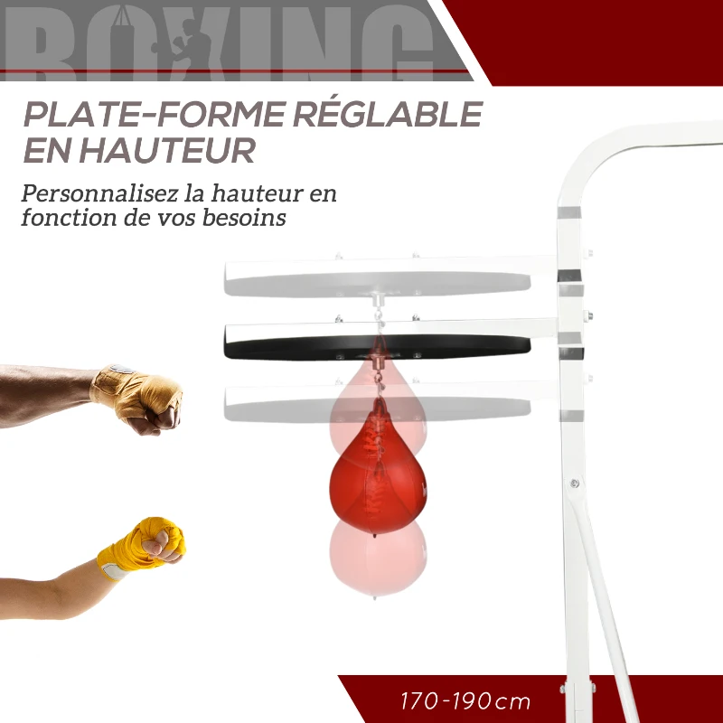 HOMCOM Support pour sac de frappe sur pieds autoportant 2 en 1 avec poire de vitesse 156 x 115 x 224 cm blanc