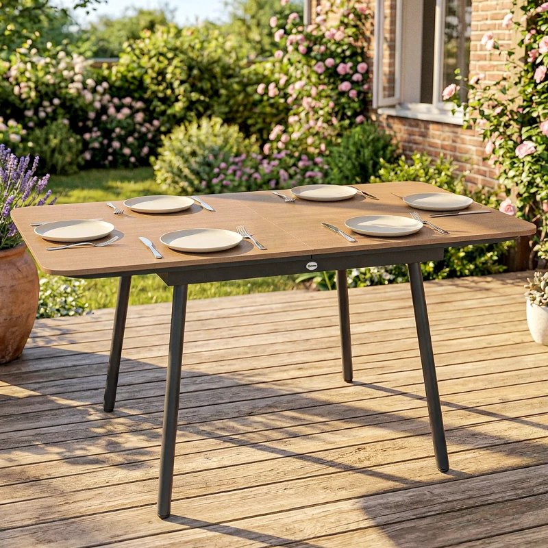 Outsunny Masă de grădină 140 x 80 cm pentru 6 persoane rezistentă la rugină masă de exterior cu blat WPC Picioare reglabile, Teak