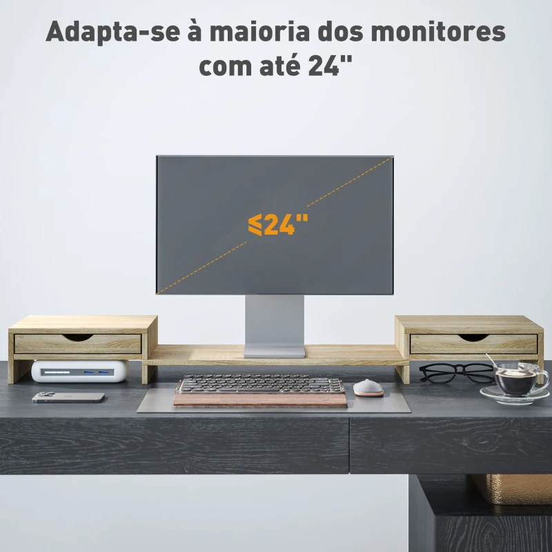HOMCOM Suporte para Monitor com Ângulo e Comprimento Ajustável e 2 Gavetas para Escritório 60-116x22x12 cm Madeira
