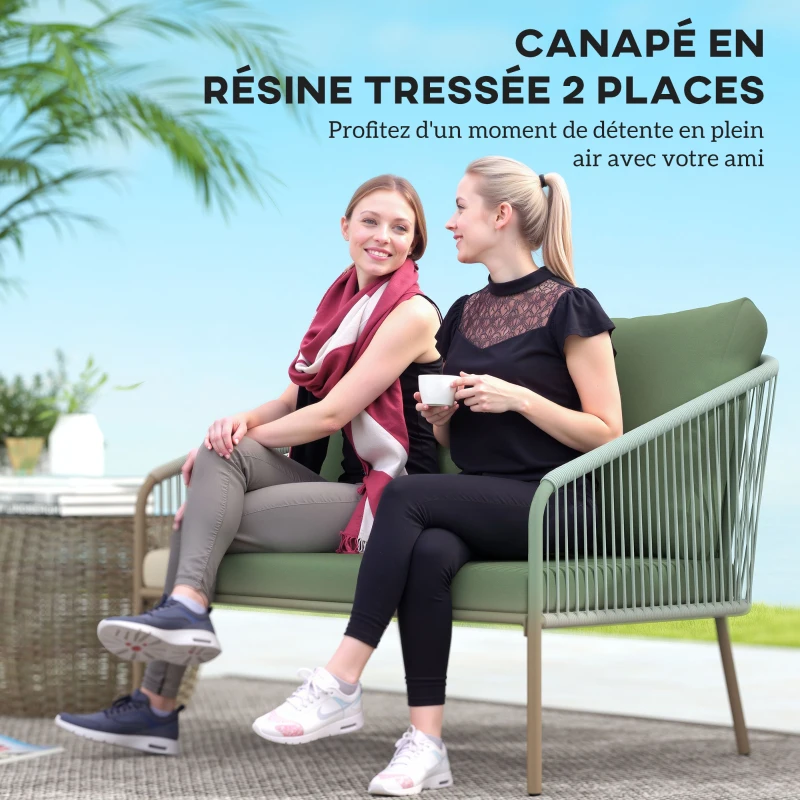 Outsunny Canapé de jardin 2 places en résine tressée avec coussins canapé d'extérieur accoudoirs cadre en acier 112x72x76cm vert