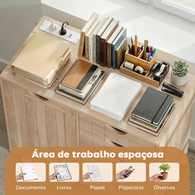 HOMCOM Móvel para Impressora com Estação de Carregamento e Rodas 5 Gavetas Portas USB Prateleira Ajustável Natural