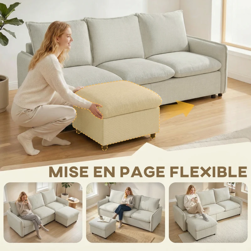 HOMCOM Canapé 3 places avec pouf de rangement, canapé d'angle modulable 212 cm, coussins à ressorts, tissu en lin, crème