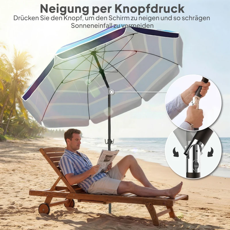 Outsunny Sonnenschirm Strand Ø198 cm UV30+ Strandschirm mit klappbar Tisch Getränkehalter verstellbarer Neigung Mehrfarbig