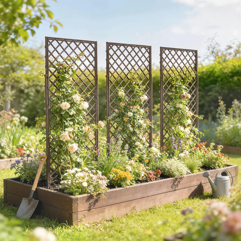 Outsunny Lot de 3 Treillis de jardin en osier tissé Panneau rectangulaire pour Plantes grimpantes 43 x 2 x 112 cm, effet bois naturel