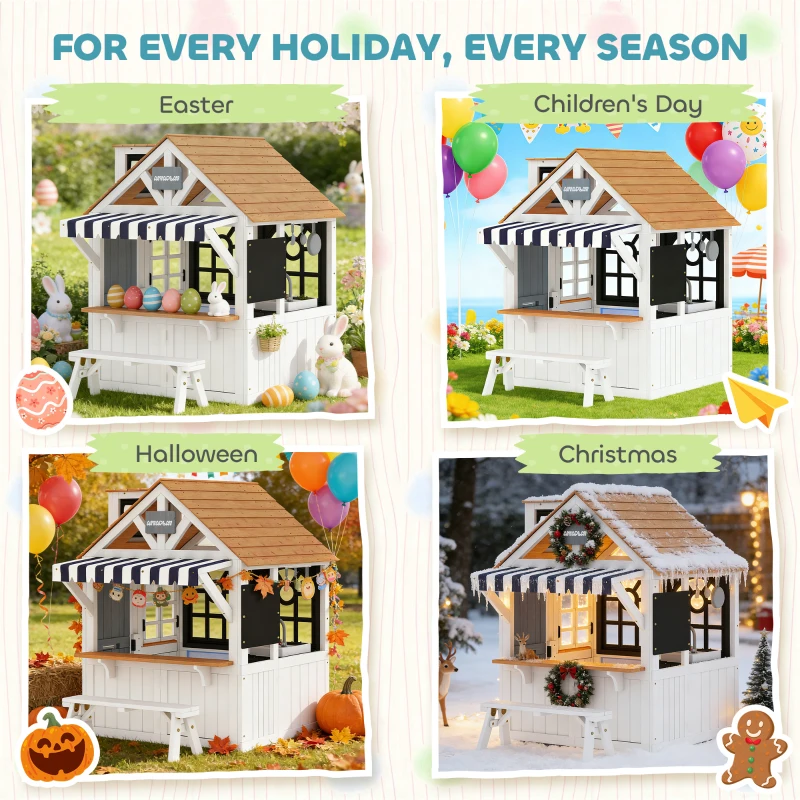 AIYAPLAY Casinha infantil exterior em madeira, casa infantil exterior com portinhola, utensílios de cozinha, banco e campainha, branco