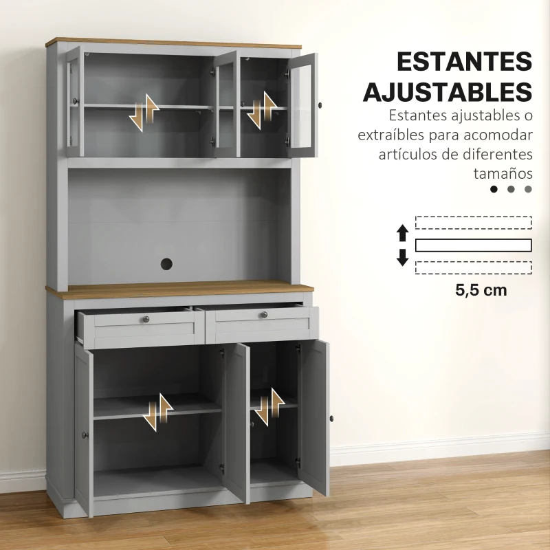 HOMCOM Alacena de Cocina con 3 Puertas de Vidrio Compartimento Abierto 2 Cajones y Estantes Ajustables 100x40x180 cm Gris