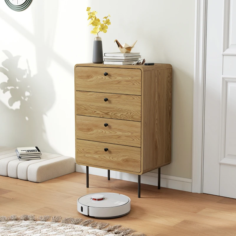 HOMCOM Commode 4 tiroirs, meuble de rangement étroit avec pieds en acier, coins arrondis, 60 x 39 x 91,5 cm, chêne