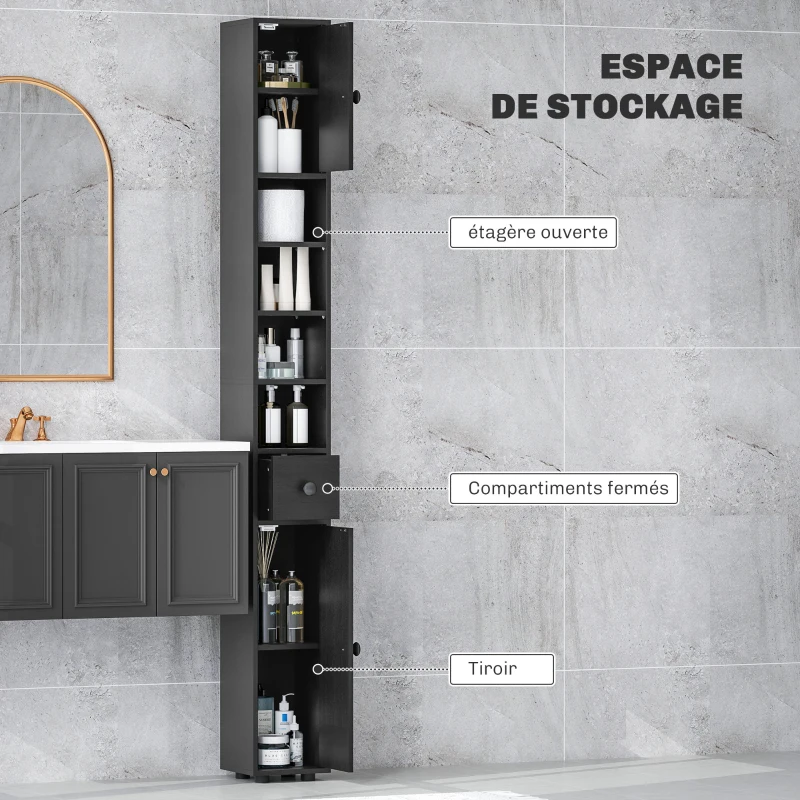 kleankin Colonne de rangement armoire haute pour salle de bain 1 tiroir 4 étagères réglables et 2 placards 20 x 20 x 180 cm noir