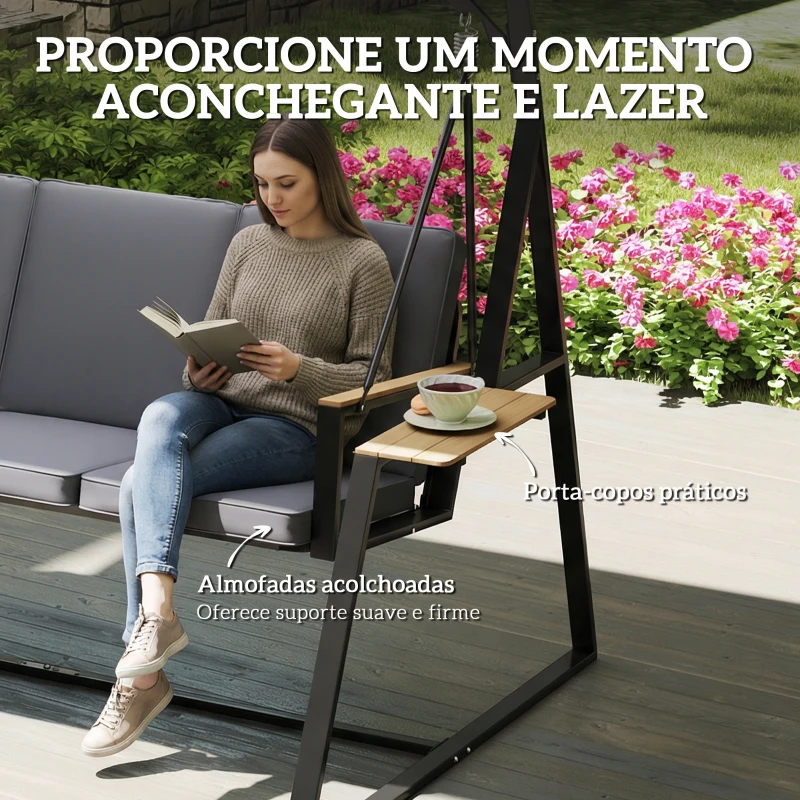 Outsunny Baloiço de Jardim de 3 Lugares com Teto Ajustável UPF50+ 2 Bandejas Almofadas e Estrutura em Metal 222x131x175 cm Cinza