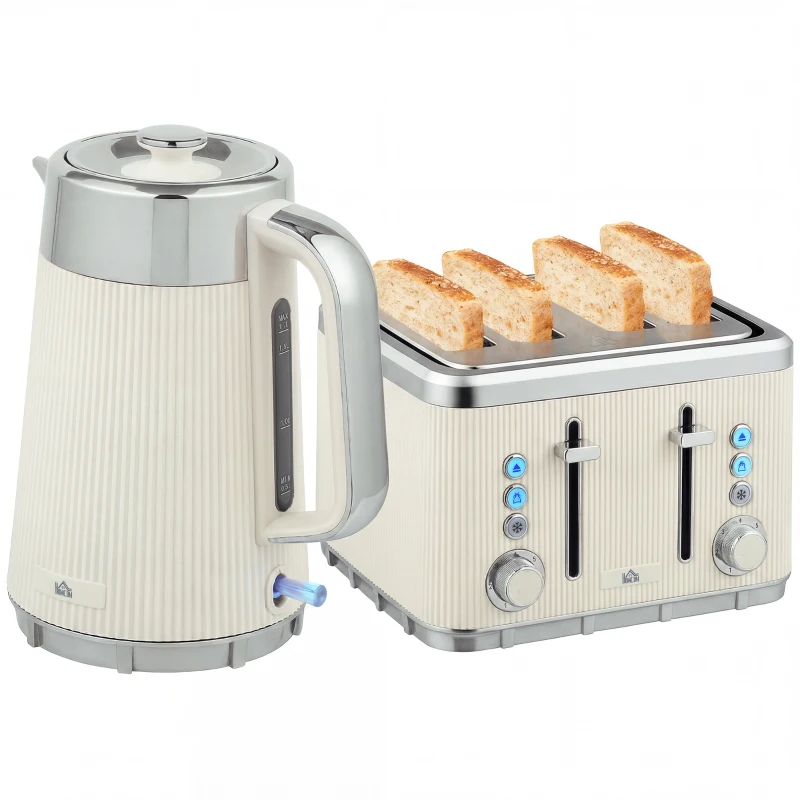 HOMCOM Electric Stainless Steel Kettle and Toaster Set, 3000W 1.7L UK Strix Thermostat Fast Boil Kettle w/ Limescale Filter, Cool Touch Body, 4 Slice Toaster with 7 Browning Levels, Cream White