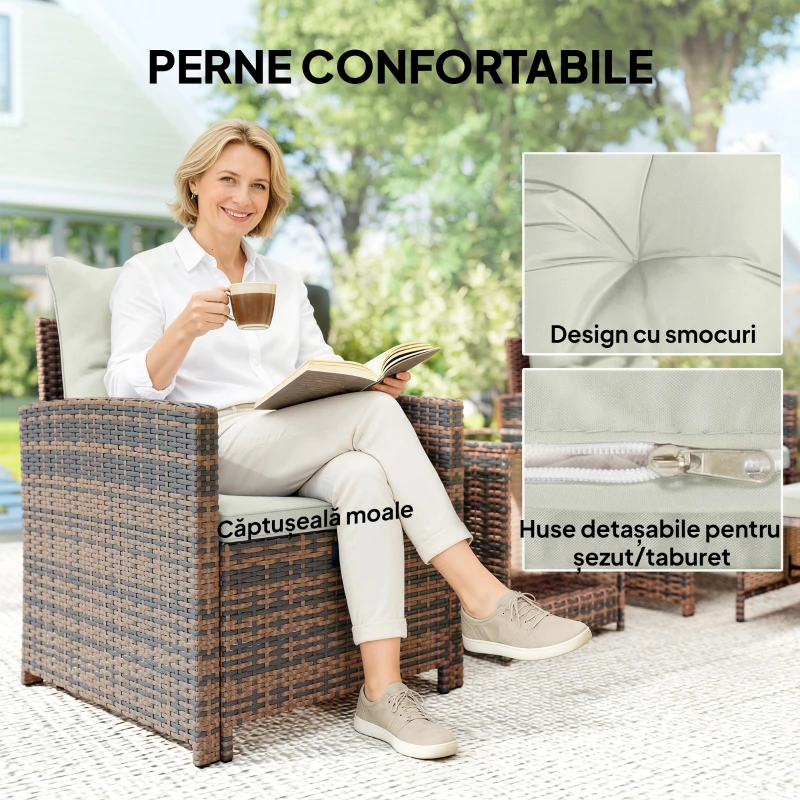 Outsunny Set de Mobilier de Grădină din Rattan 5 Piese, Set de Mobilier Exterior cu 2 Suporturi pentru Picioare, 2 Fotolii, Masă de Cafea cu 2 Niveluri, Perne, pentru Balcon, Terasă, Patio, Maro/Crem
