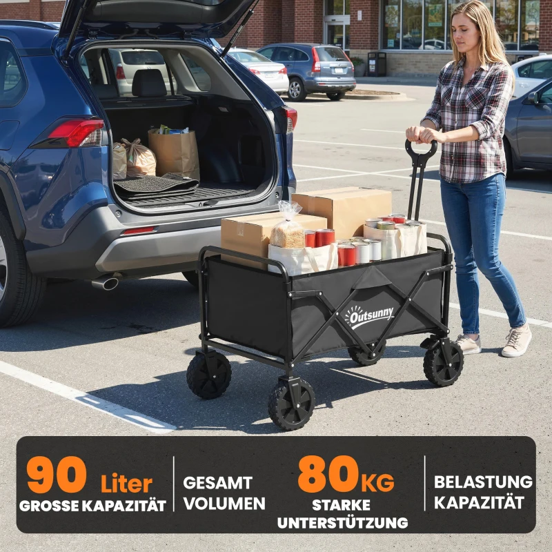 Outsunny Bollerwagen Faltbarer Handwagen Gartenwagen Transportwagen mit Griff Verstellbarer Griffhöhe Getränkehalter Schwarz