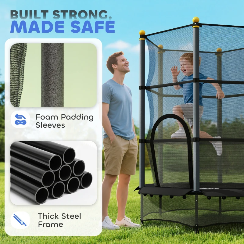HOMCOM 4.6FT/55" Kids Trampoline with Enclosure Net, Outdoor Indoor Use, for Ages 3-10 Years, Black