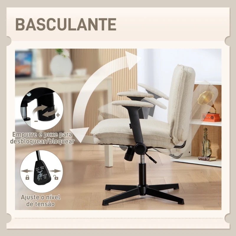 HOMCOM Cadeira de Escritório com Apoios de Braço Rebatíveis Assento  Altura Ajustável  Função Basculante 76x70x85-97 cm Creme