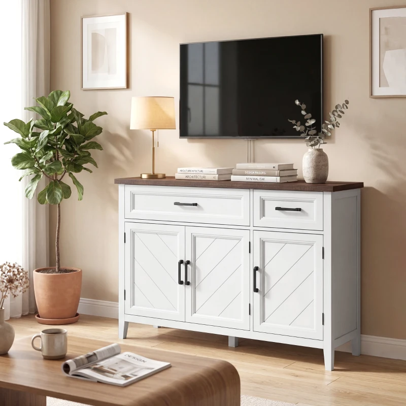 HOMCOM Bufet pentru living, mobilier de depozitare cu 3 uși cu model chevron, 2 sertare și 2 rafturi reglabile, 110 x 35 x 80,5 cm, alb