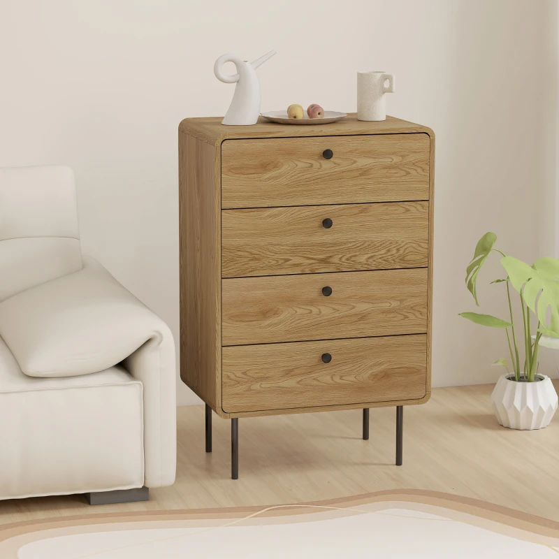 HOMCOM Commode 4 tiroirs, meuble de rangement étroit avec pieds en acier, coins arrondis, 60 x 39 x 91,5 cm, chêne