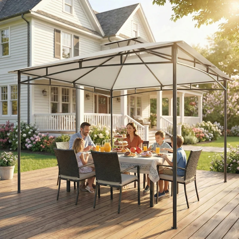 Outsunny Pavillon 3x3m Wasserabweisend Stabil Winterfest Gartenpavillon mit zurückziehbar Obenrahmen Doppeldach Cremeweiß